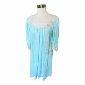 VTG LUCIE ANN Aqua Nightgown Blue Nylon Flower Appliqué Lace Sz S NWT